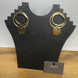 Chico's Gold Tone Hammered Hoop Drop Earrings Statement Boho Chic